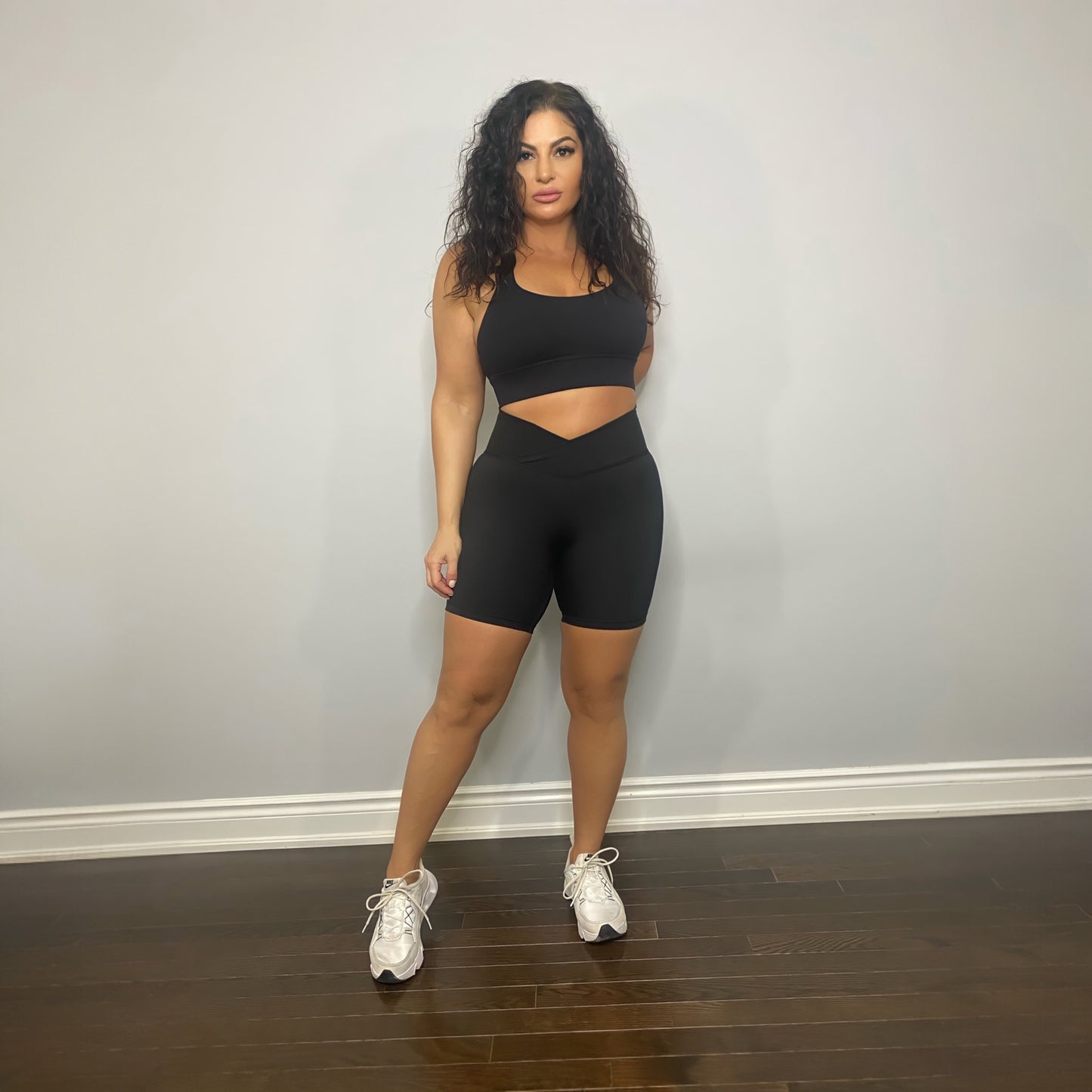 Cross over waistband biker shorts